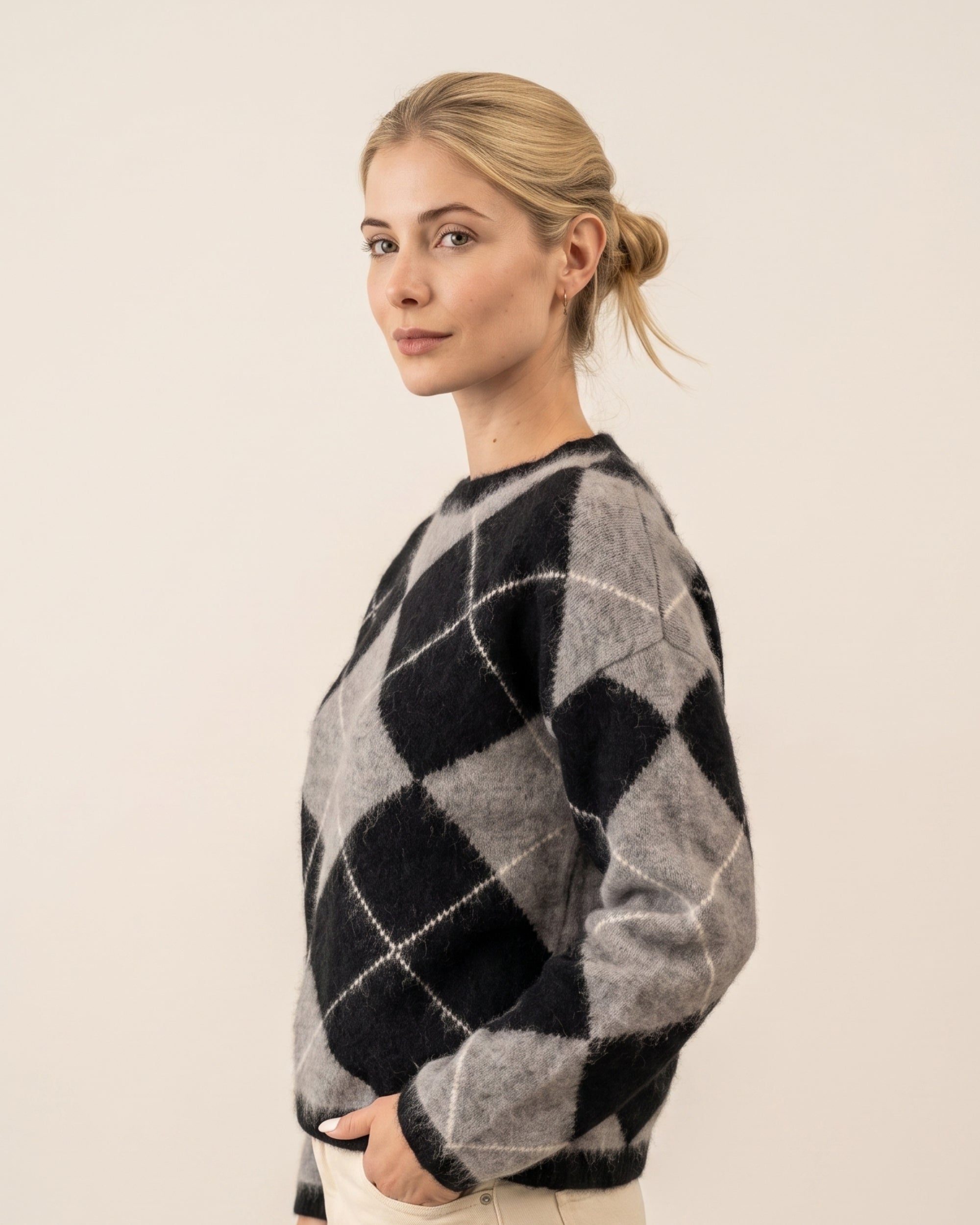 Argyle Pullover Rundhals Flanell Black White #Farbe_Flanell Black White