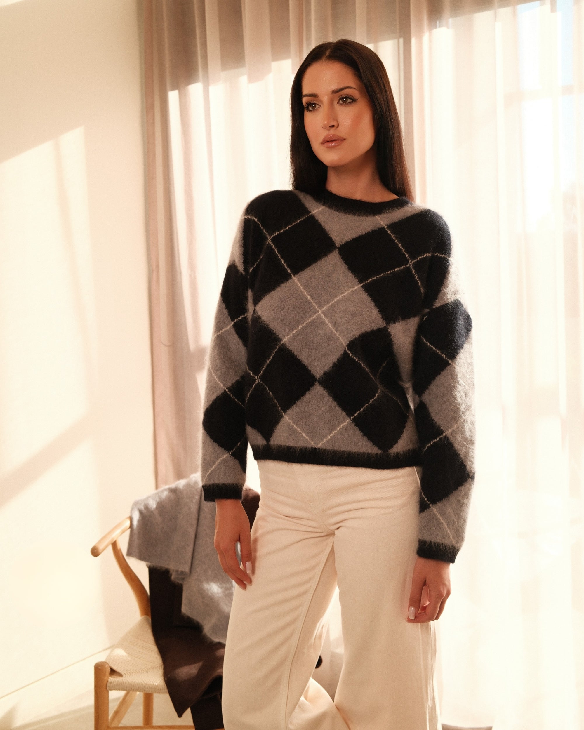 Argyle Pullover Rundhals in Flanell Black White, überschnittene Schulter