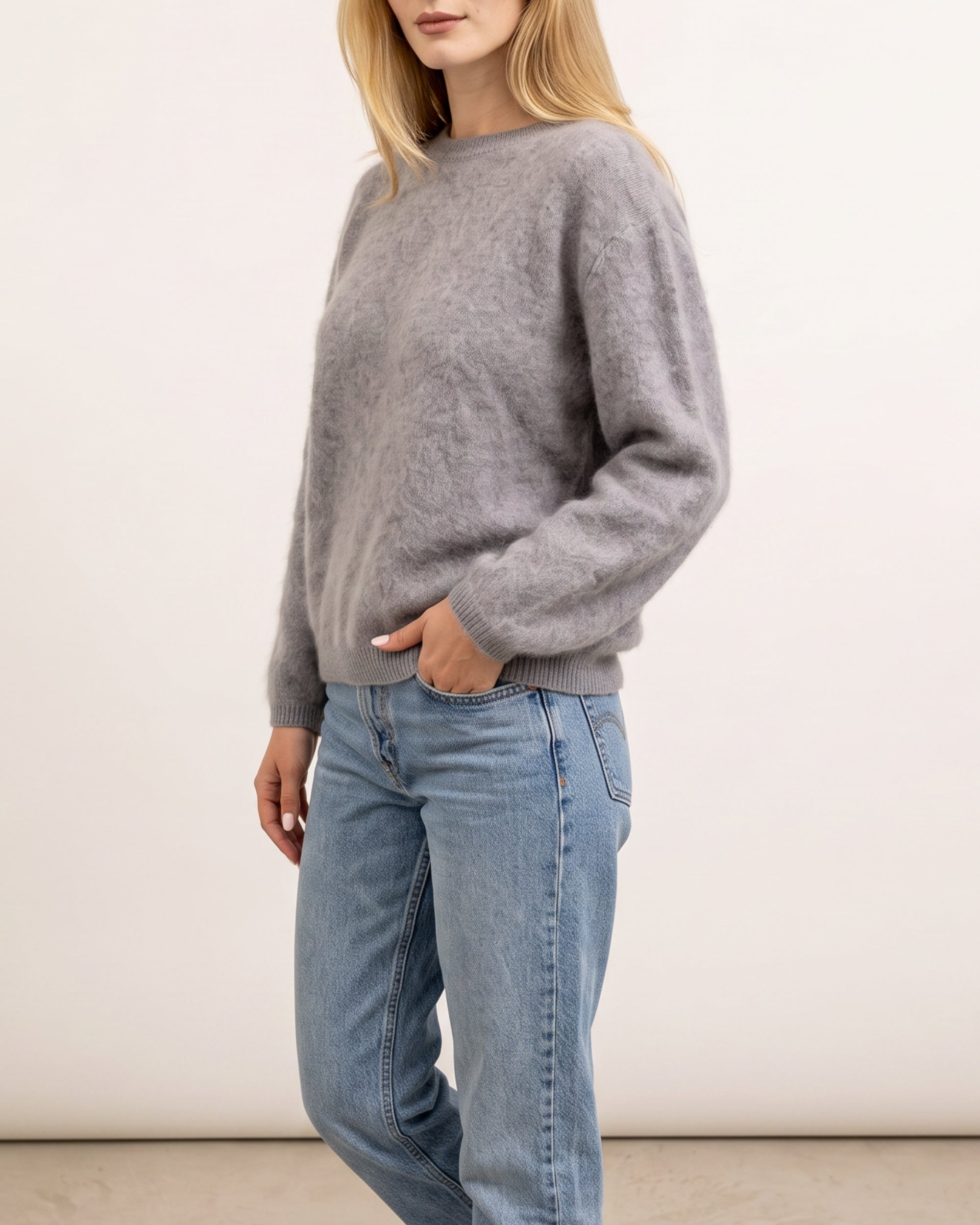 Rundhals Pullover in Flanell, Rippbündchen am Ärmel