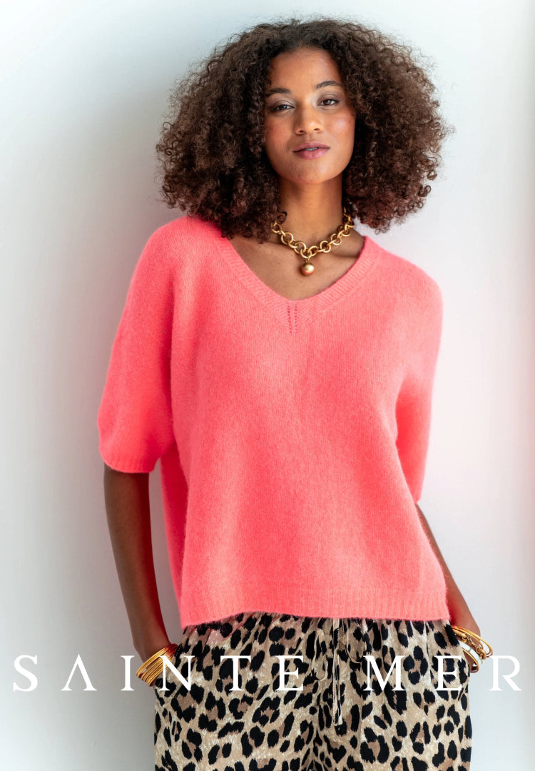 Kurzarm Strickpullover Alpaka in leuchtendem Coral "Made in Italy"