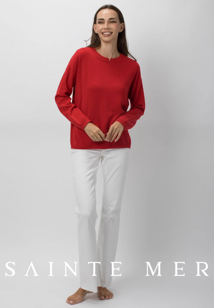 Relaxed fit round neck cashmere knit sweater