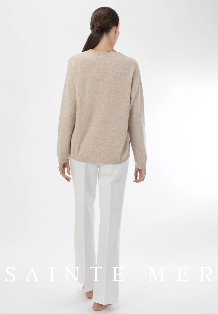 Relaxed fit round neck cashmere knit sweater