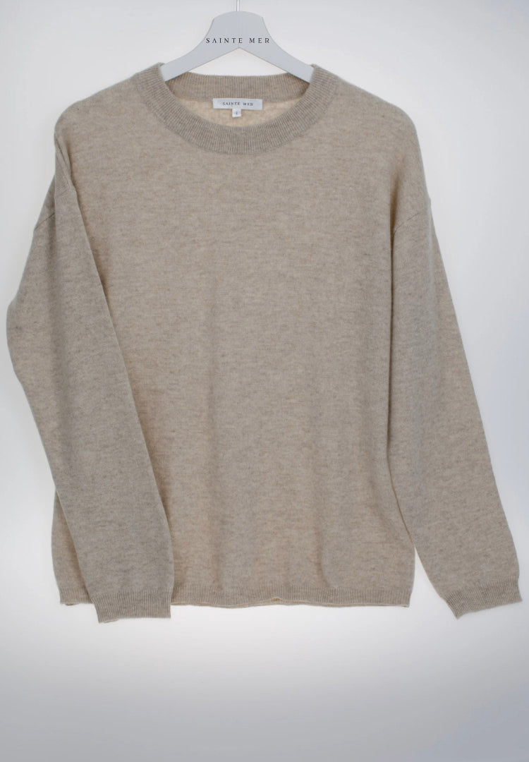 Relaxed fit round neck cashmere knit sweater