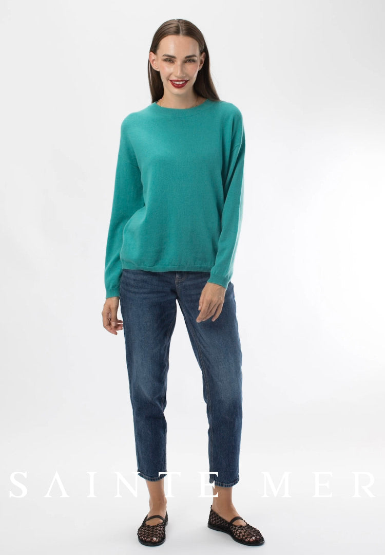 Relaxed fit round neck cashmere knit sweater