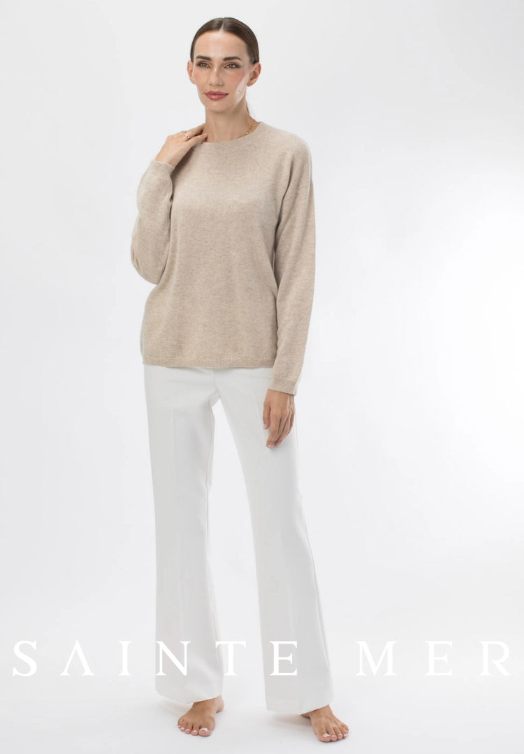 Relaxed fit round neck cashmere knit sweater