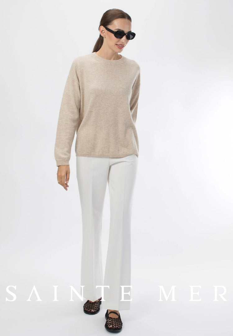 Relaxed fit round neck cashmere knit sweater