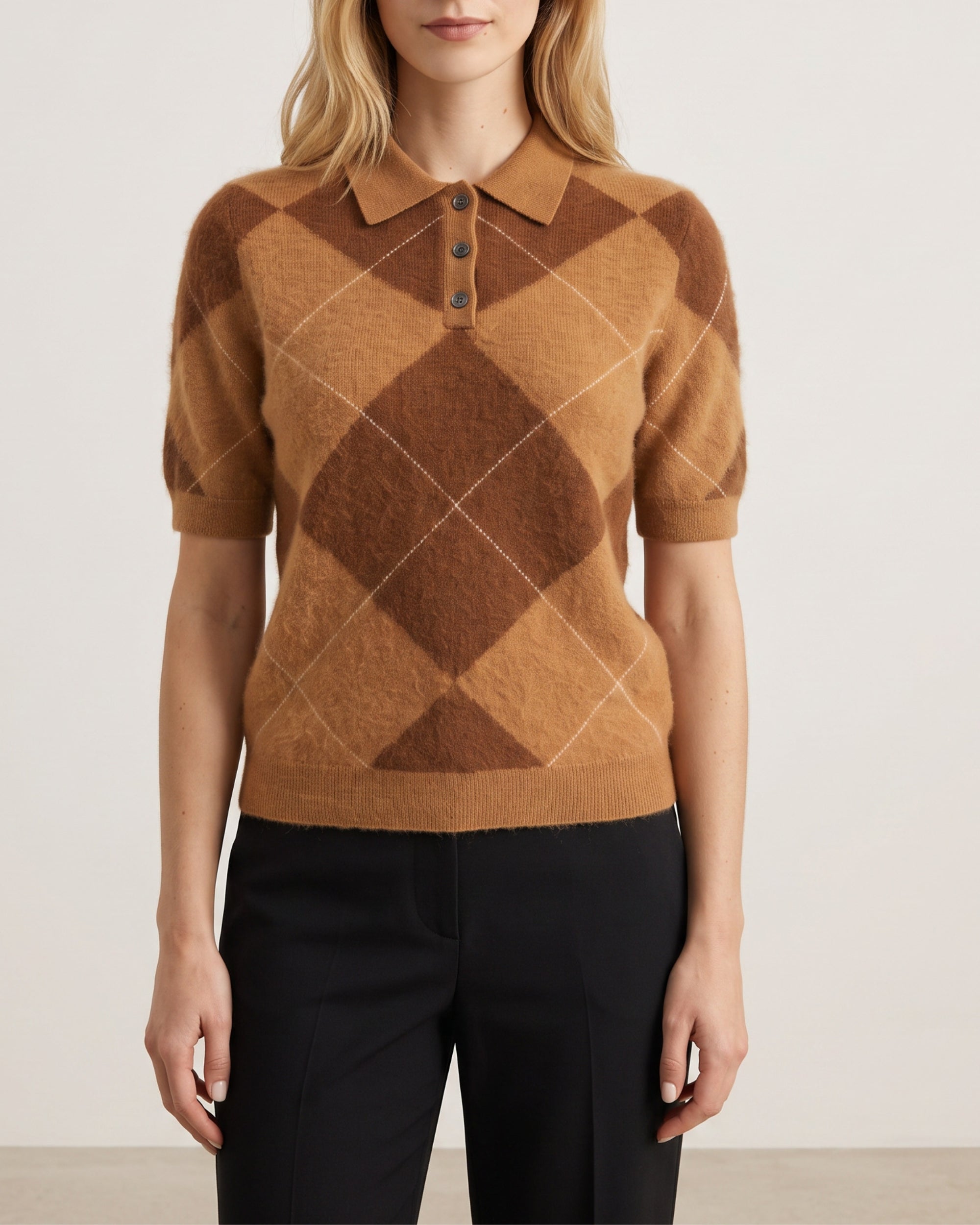 SAINTE MER Argyle Strick-Polo in Cinnamon Toffee White, Merino und Kaschmir gebürstet