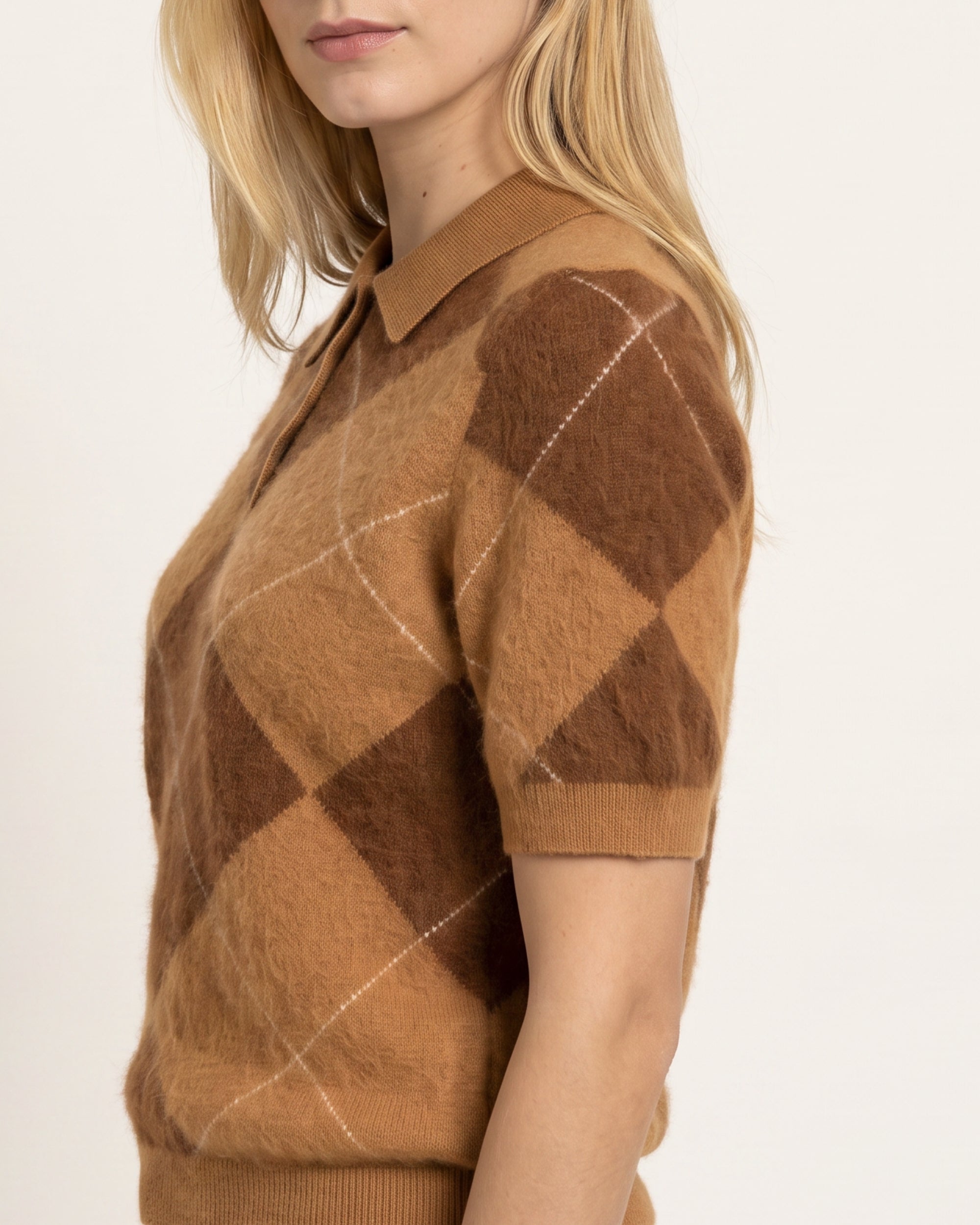 Argyle Strick-Polo in Cinnamon Toffee White, Ärmelabschluss im Rippstrick