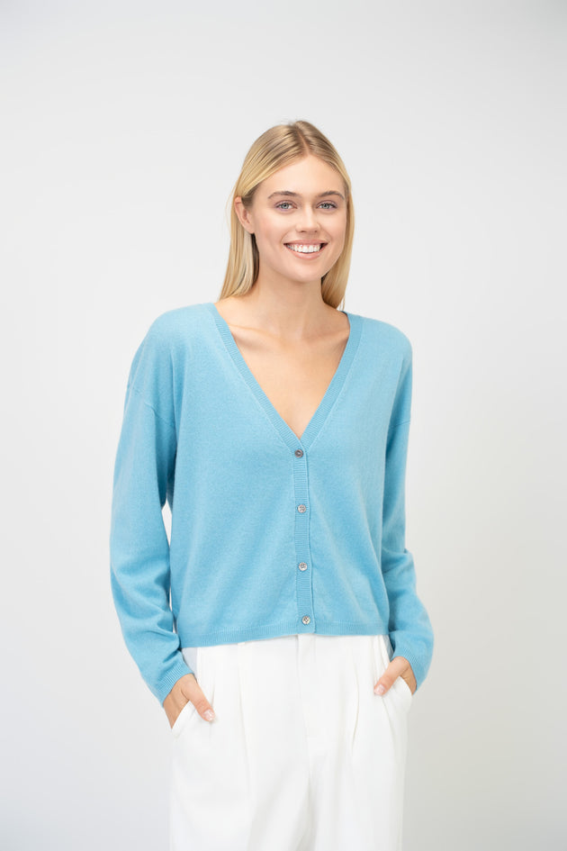 Kaschmir Strickjacke mit V-Ausschnitt in Hellblau #Farbe_Hellblau