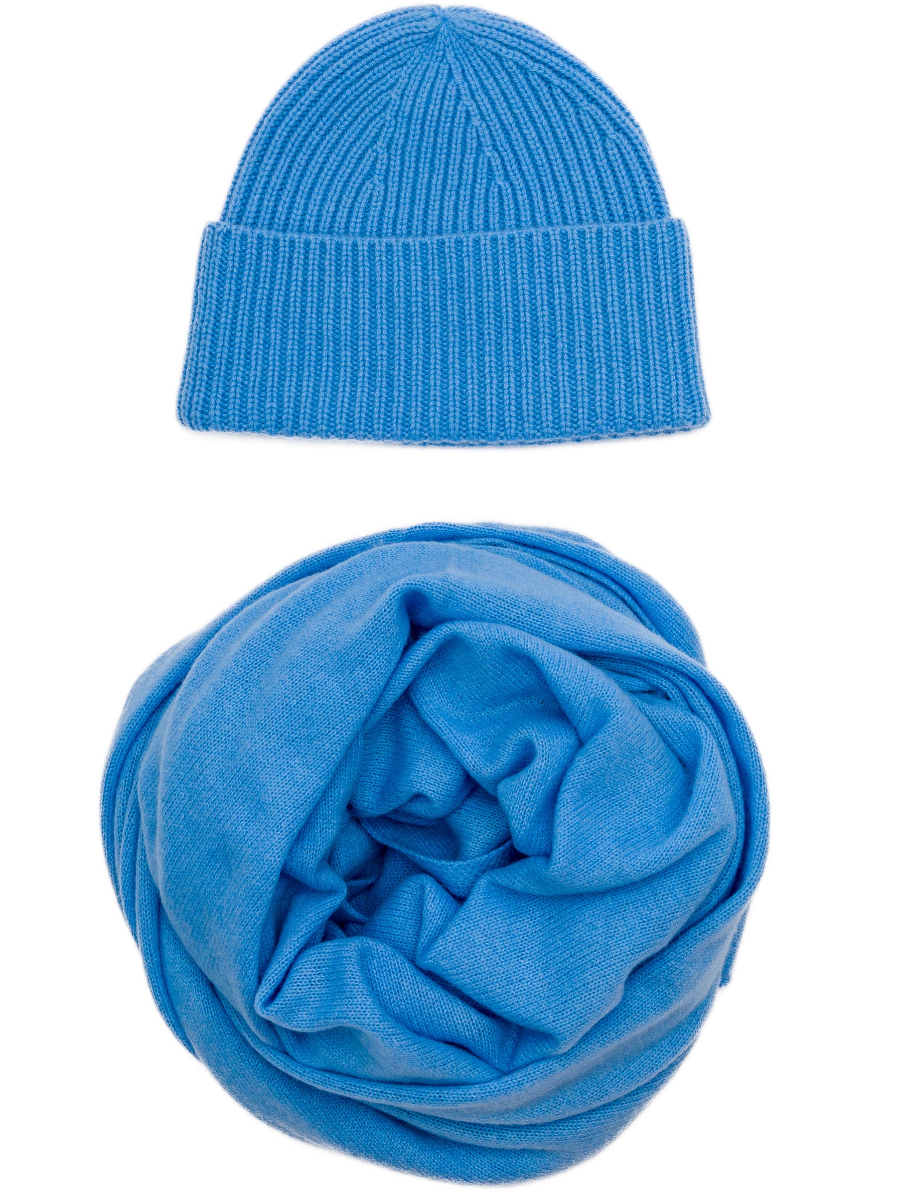 Schal- und Mützen-Set aus 100% reinem Kaschmir in Kornblumenblau, zeitloses Design von SAINTE MER, ideal für kalte Wintertage