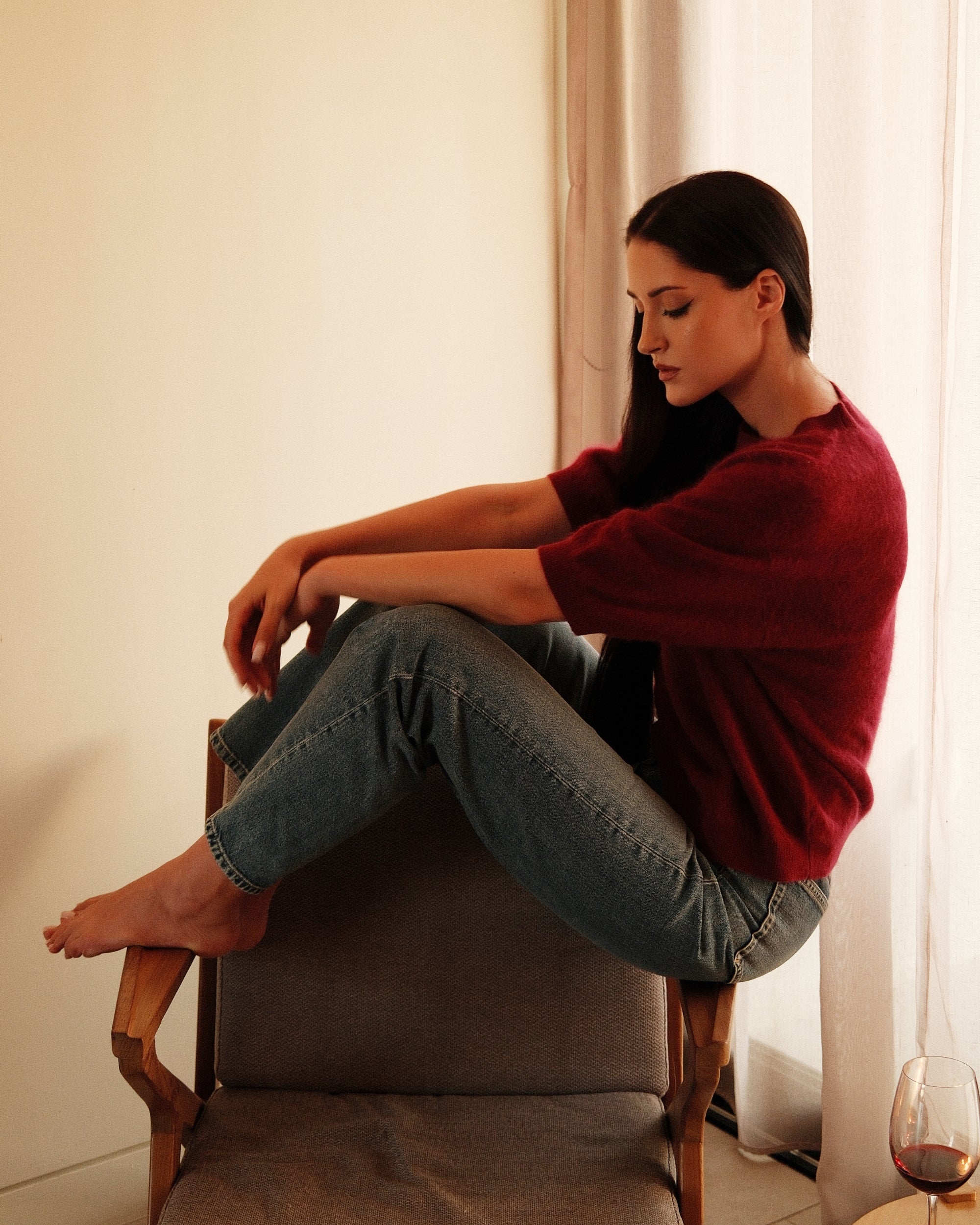 SAINTE MER Kurzarm Pullover in Berry, gebürsteter Feinstrick