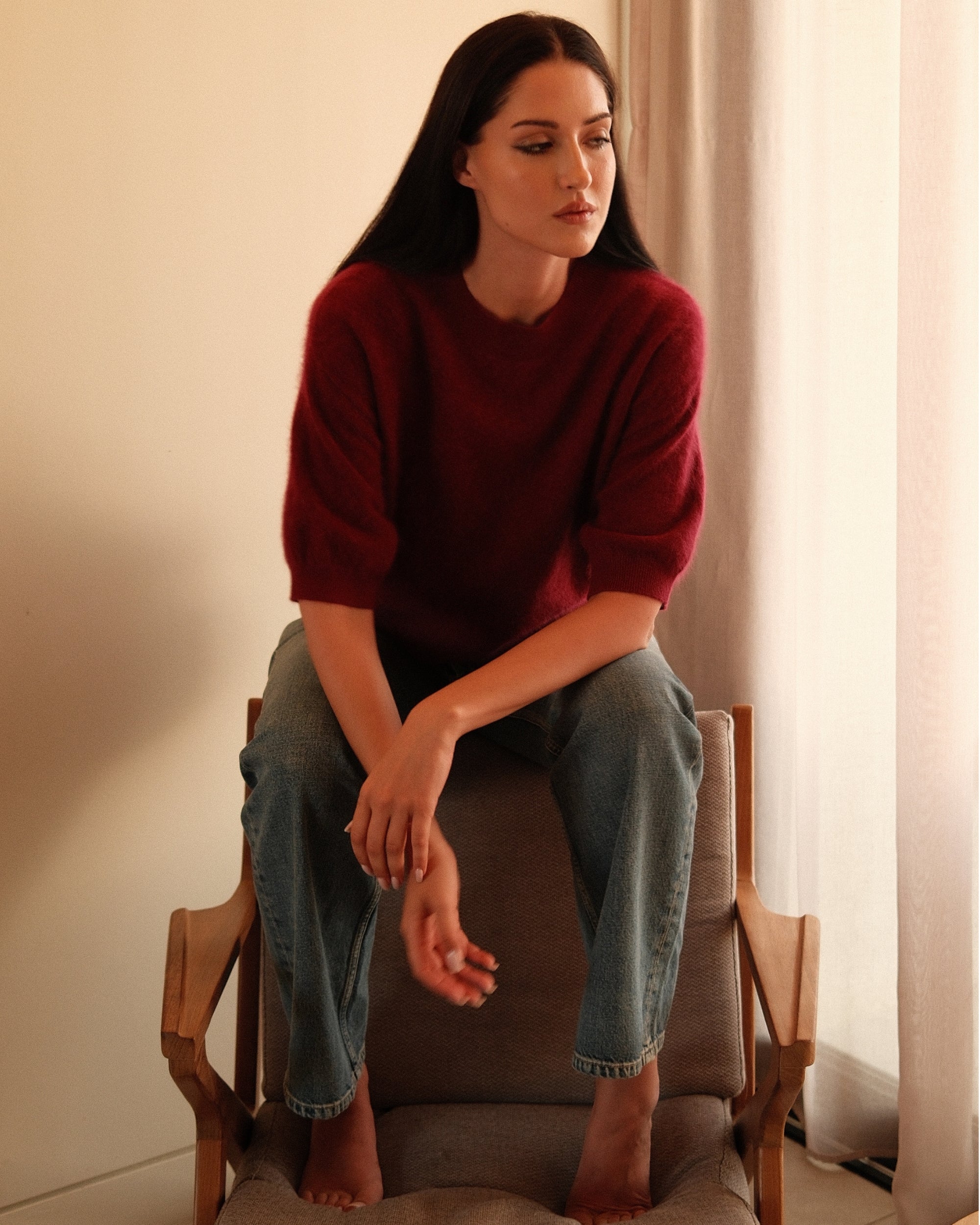 Kurzarm Pullover in Berry, Rippbündchen am Ärmel