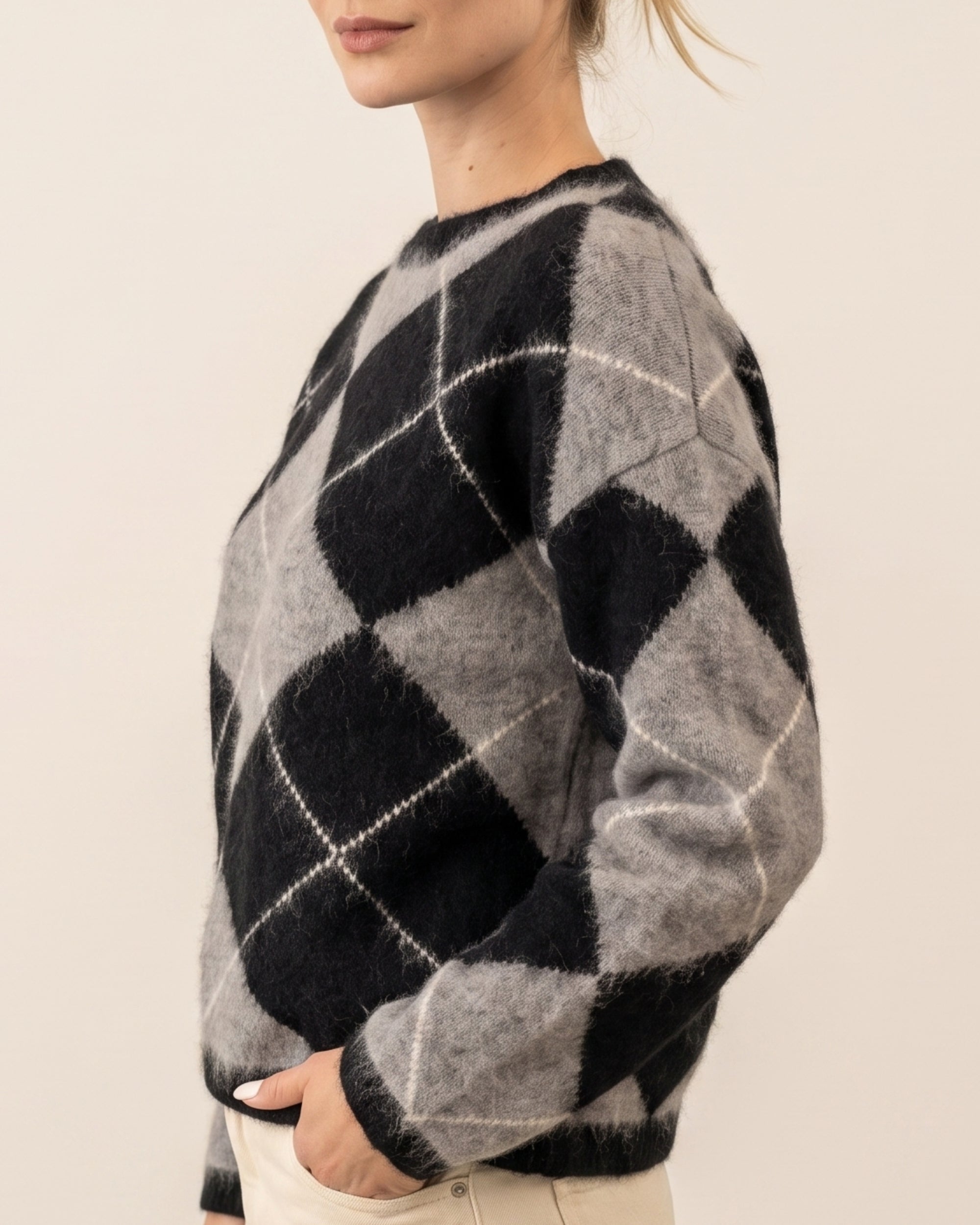 Argyle Pullover Rundhals in Flanell Black White, Oberkörper