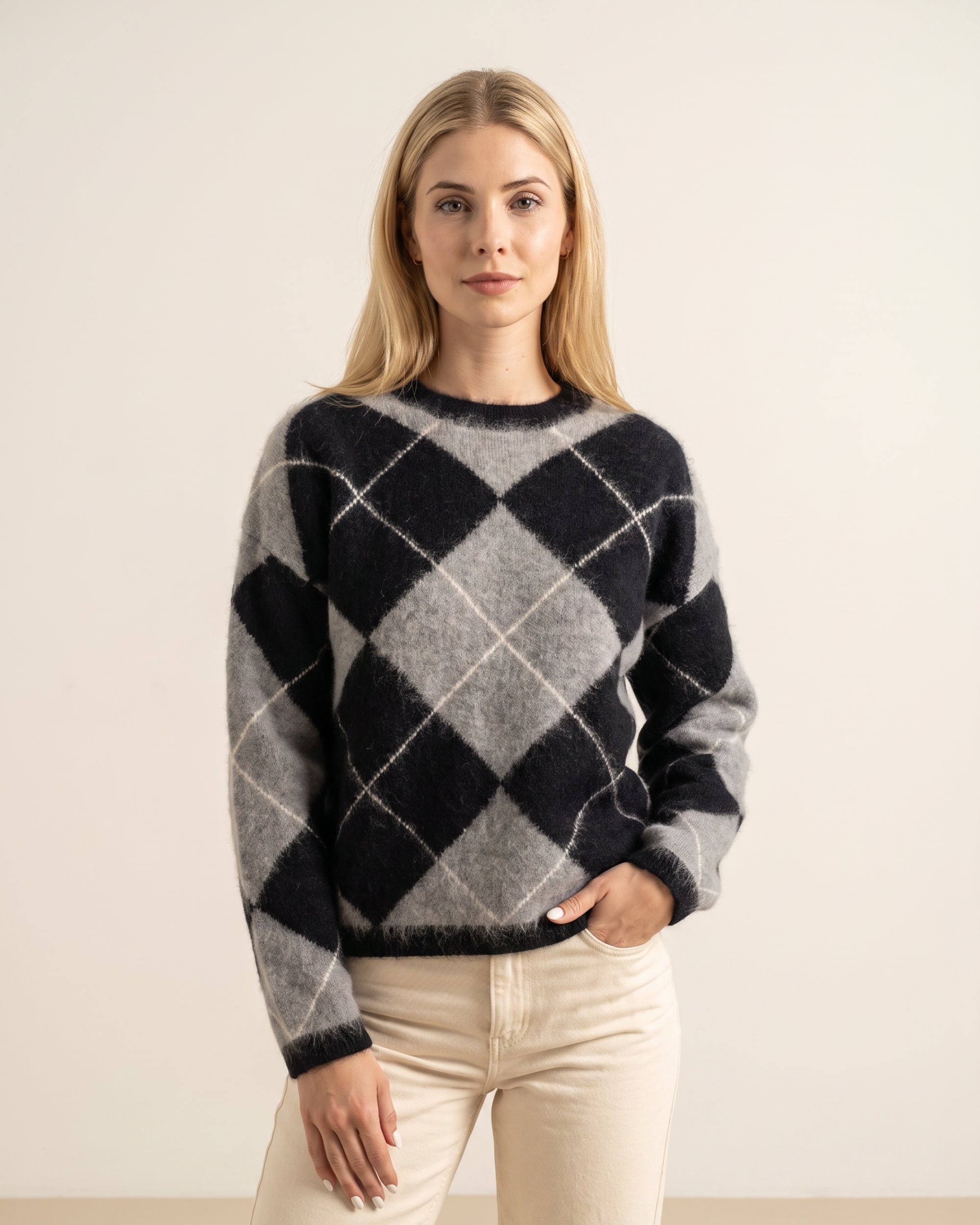 Argyle Pullover Rundhals Flanell Black White #Farbe_Flanell Black White