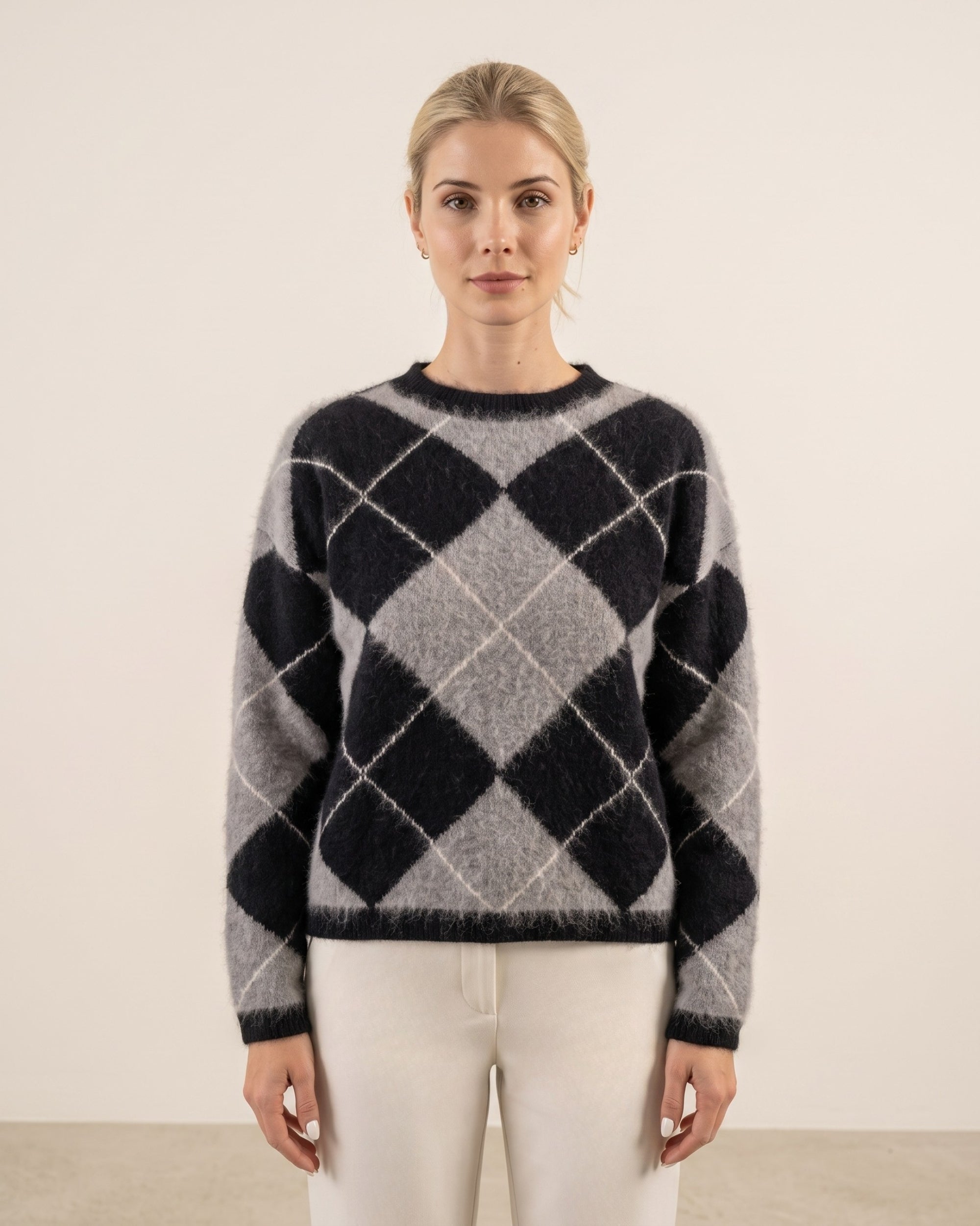 Argyle Pullover Rundhals Flanell Black White #Farbe_Flanell Black White