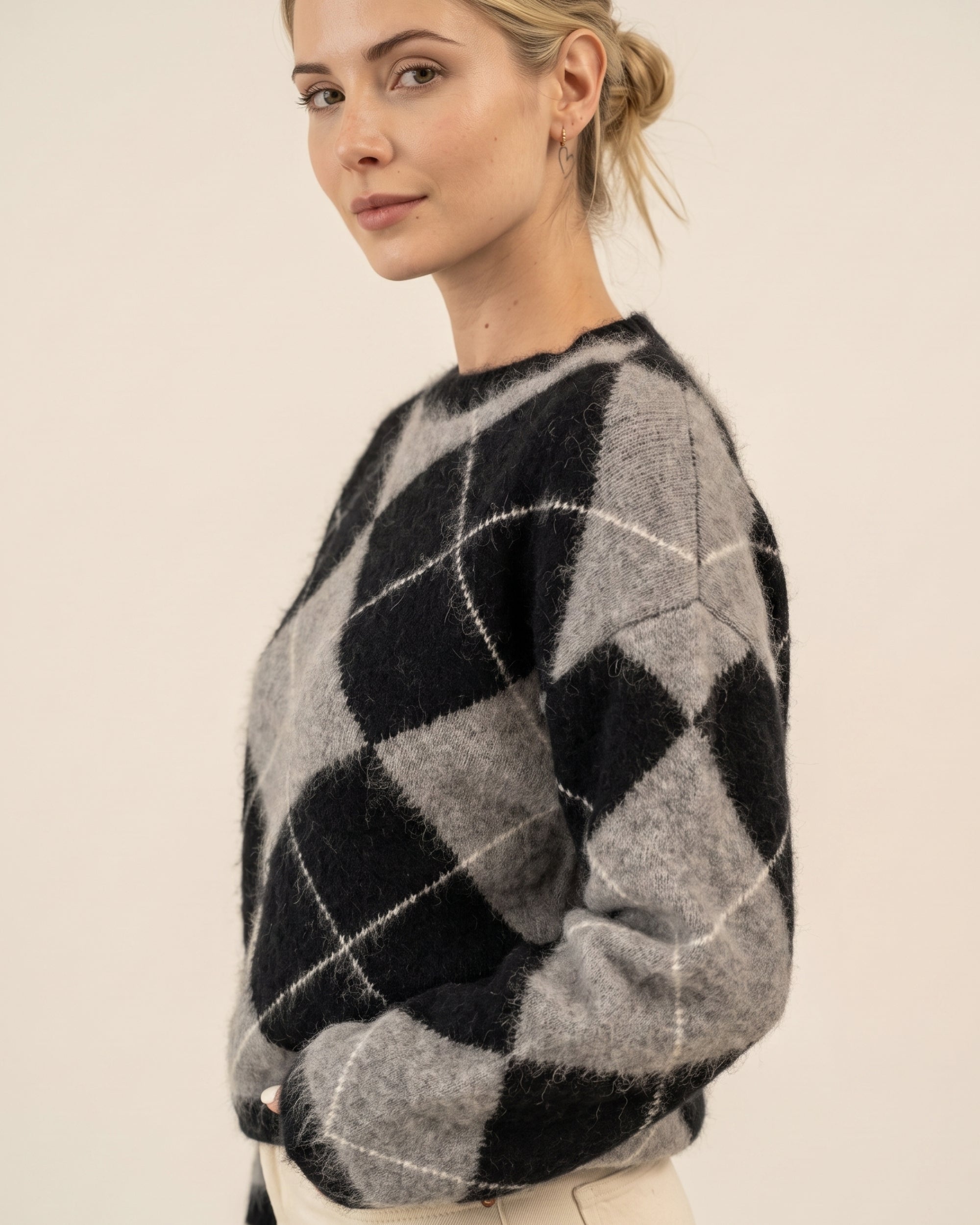 Argyle Pullover Rundhals Flanell Black White #Farbe_Flanell Black White