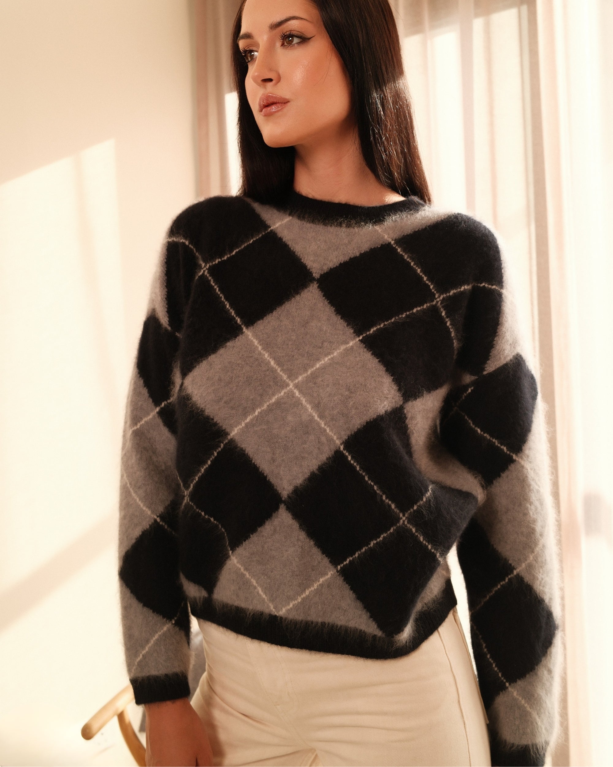 Argyle Pullover Rundhals in Flanell Black White, Rippbündchen am Ärmel