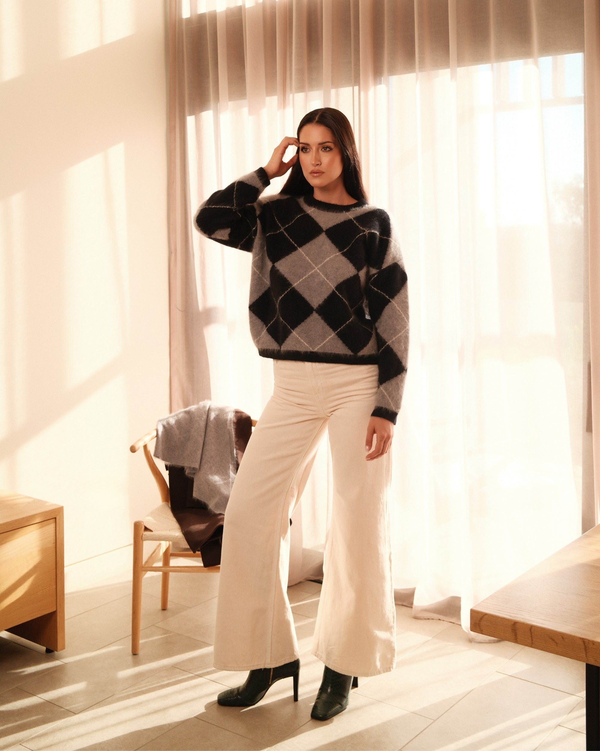 SAINTE MER Argyle Pullover Rundhals in Flanell Black White, Merino und Kaschmir gebürstet