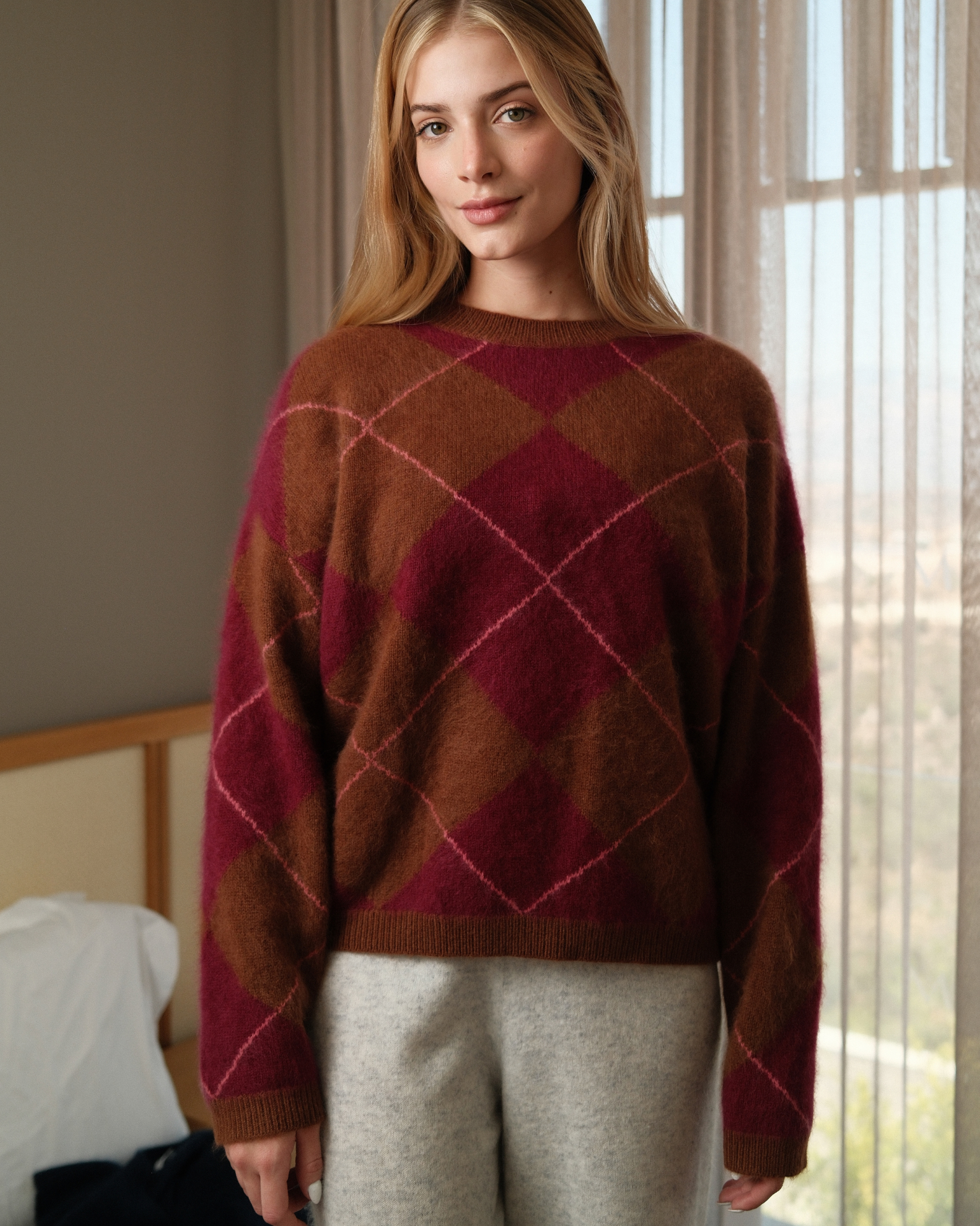 SAINTE MER Argyle Pullover Rundhals in Toffee Blush Lipstick, Merino und Kaschmir gebürstet